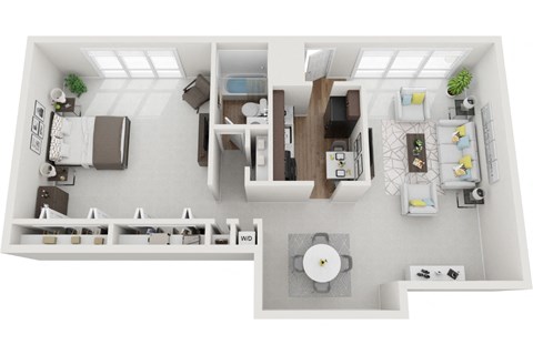 1 bedroom 1 bath floor plan an in 3d at Brook View Apts, Baltimore MD